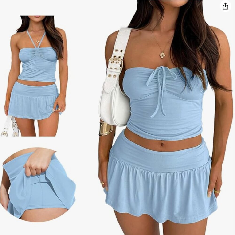 Two Piece Outfit, Y2K, Going Out, Tube Crop Tops and Low Rise Pleated Mini Skirt